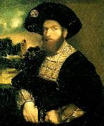 portratt av en man i svart barett, Dosso Dossi